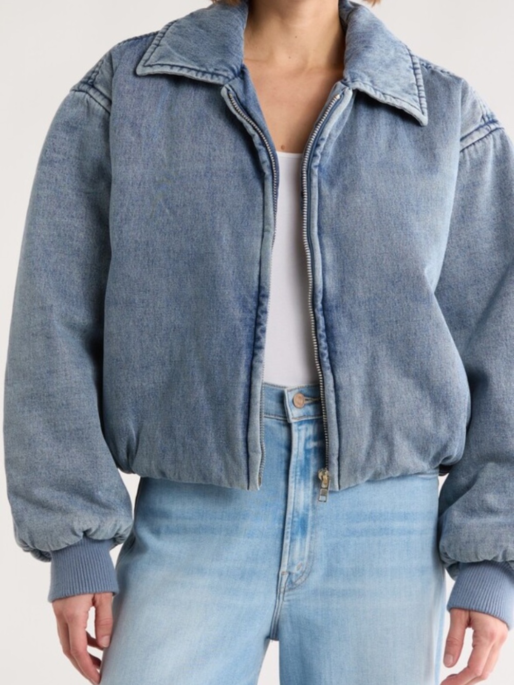 Good American Blue Denim Bomber Jacket